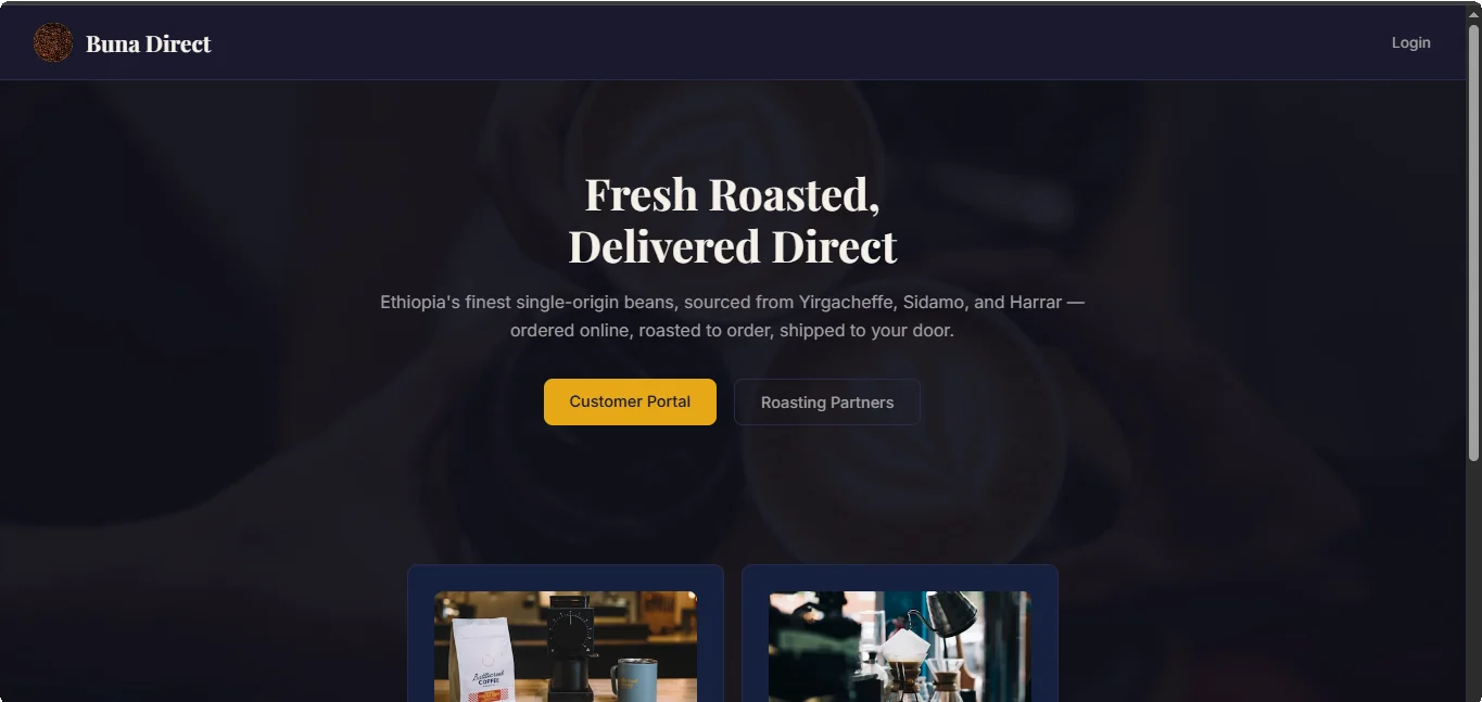 The Buna Direct ordering portal login page