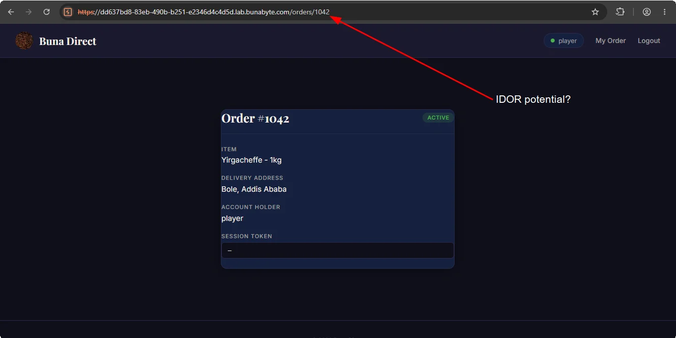 Post-login order details page with an ID in the URL