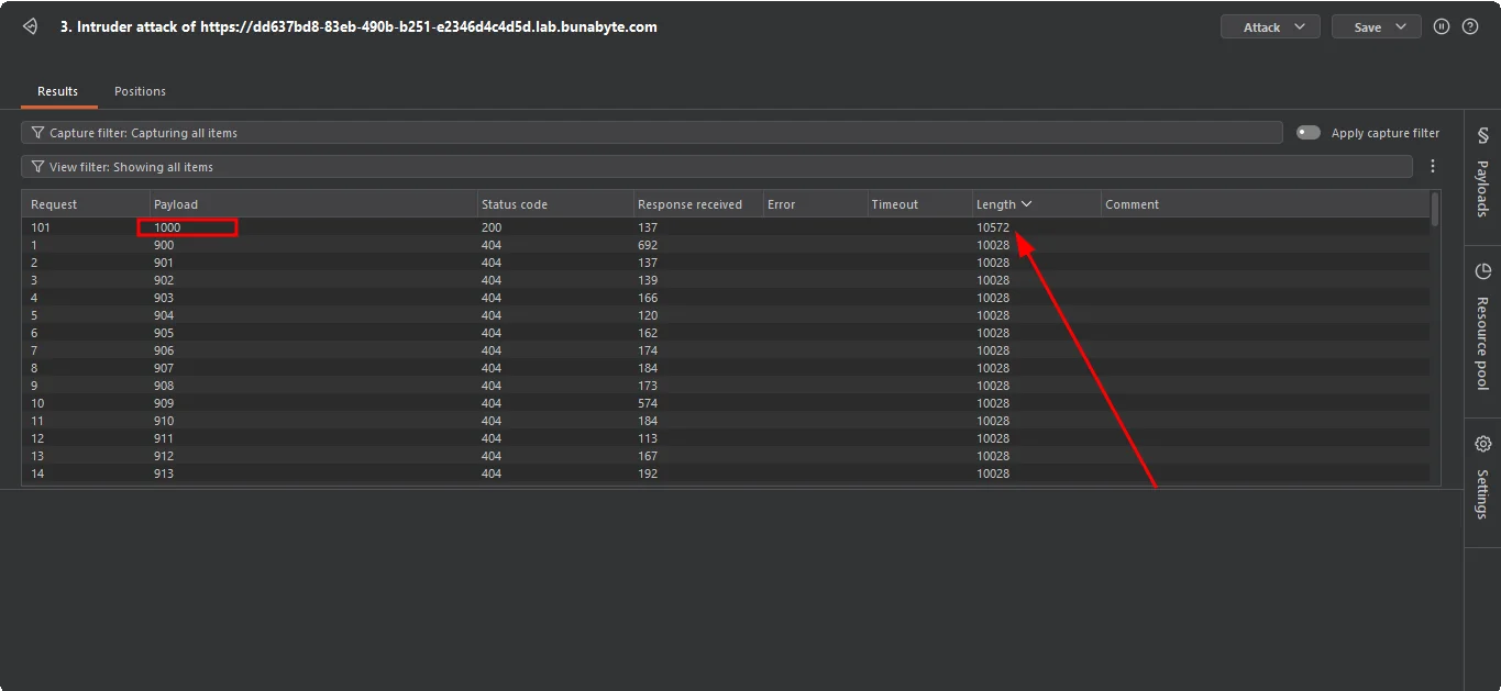 Burp Suite Intruder scanning order IDs for IDOR