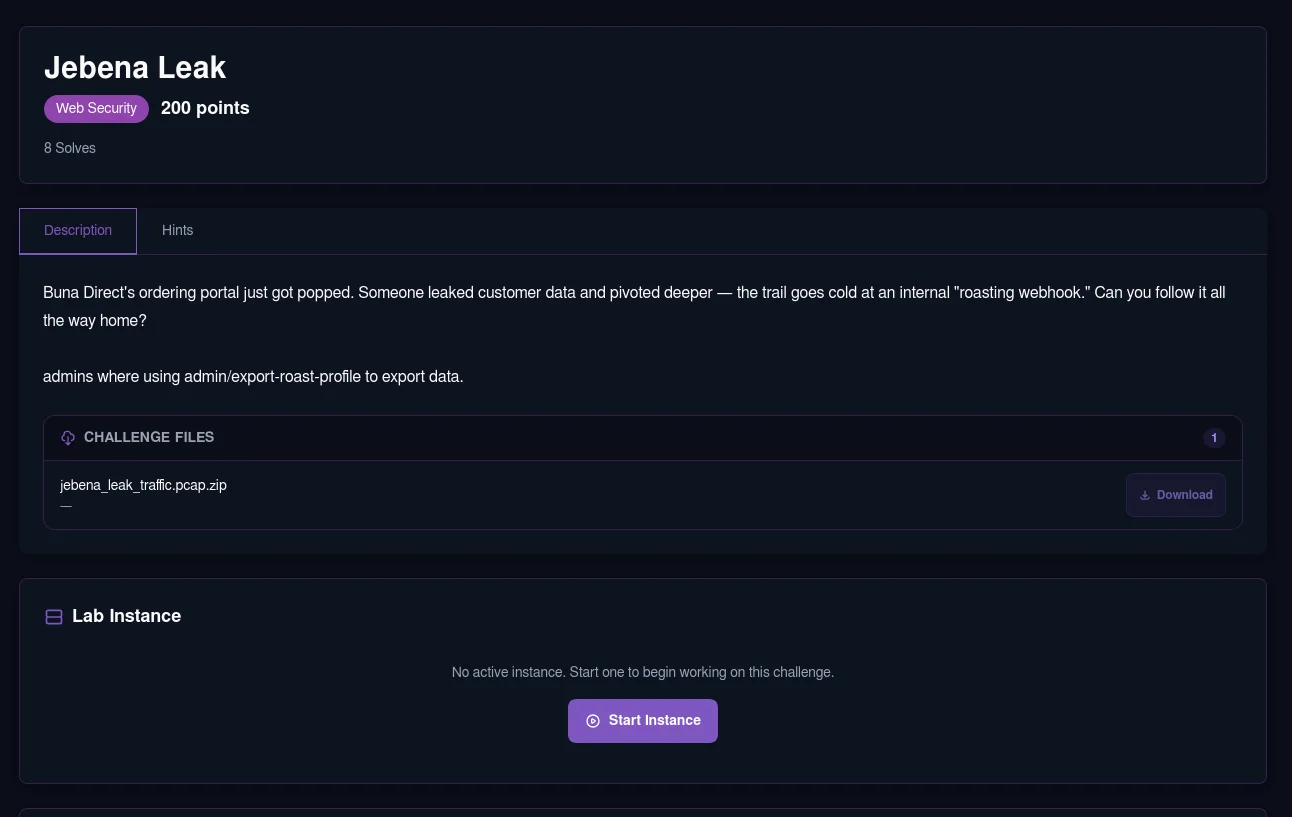The Jebena-Leak challenge page on Buna Byte CTF